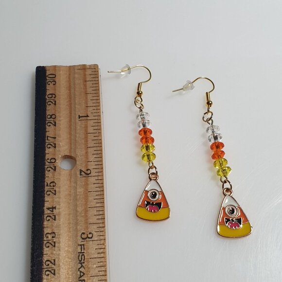 Handmade Candy Corn Halloween Dangle Beaded Earrings Fun Festive 3 Inch Length - Picture 6 of 7